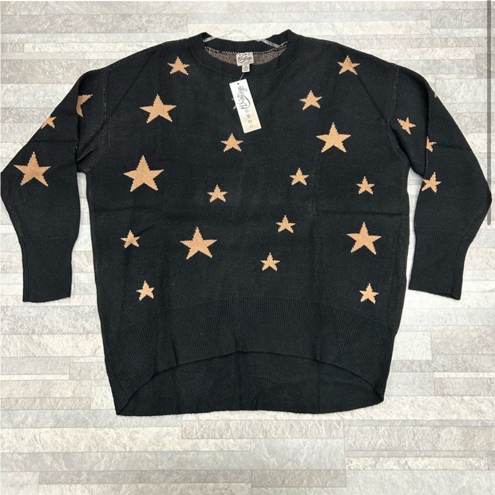 Como Vintage Black Sweater with Tan Stars